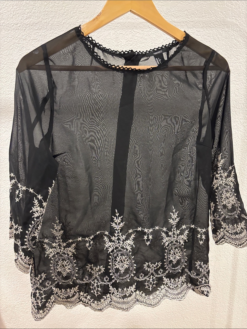 Forever 21 Black Sheer Mesh Blouse with White Embroidery